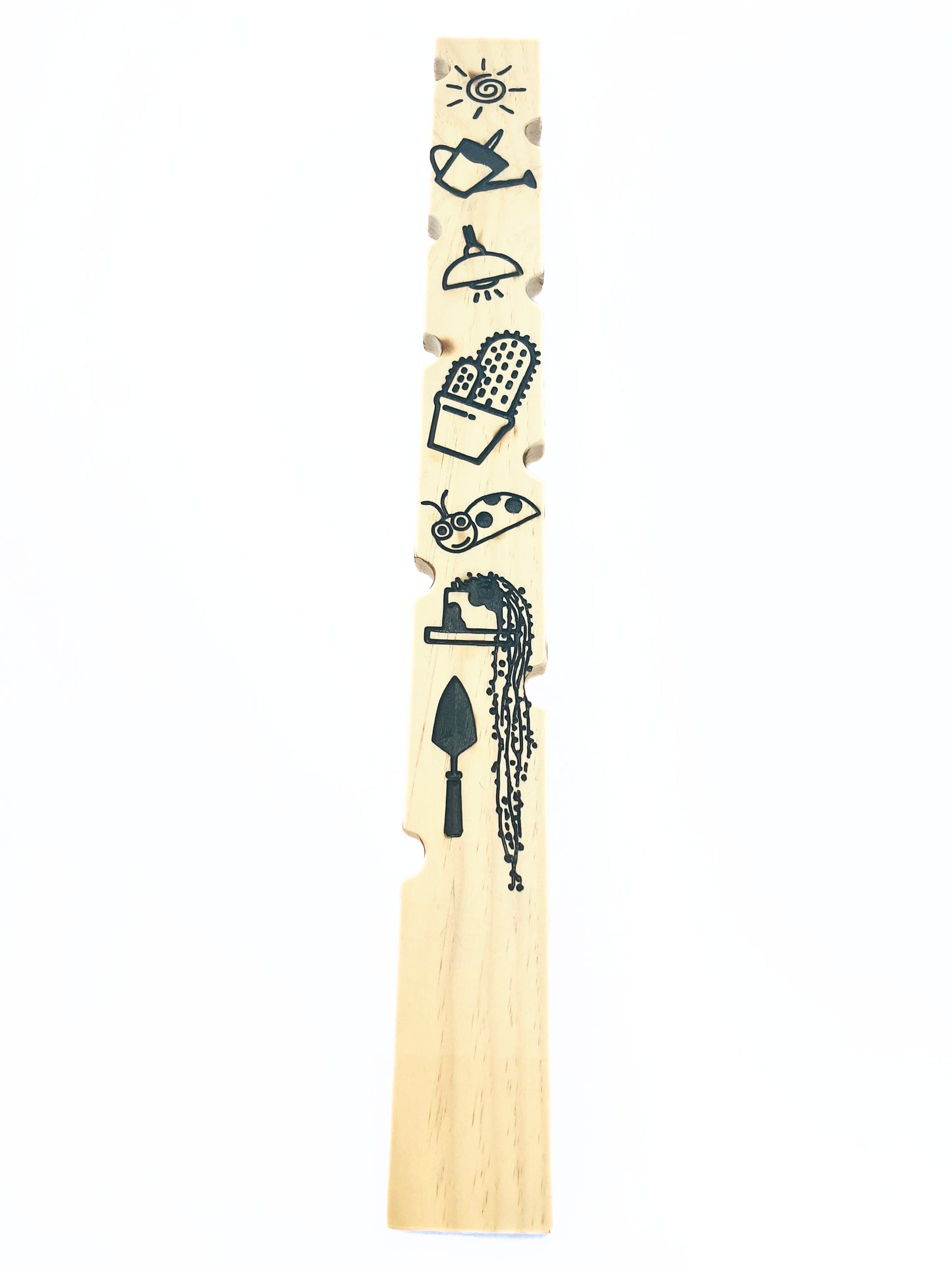 Carved wooden plant stake 30 inch back view