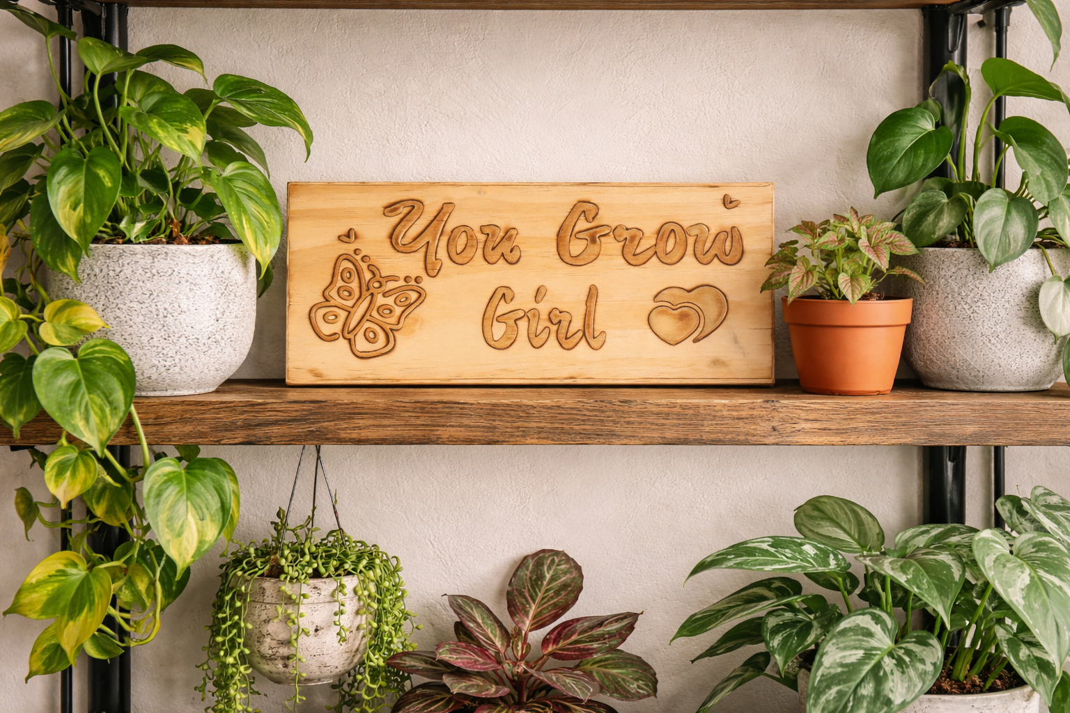 You Grow Girl - Handcrafted wooden plant lover sign on shelf